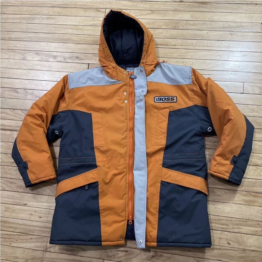Vintage 90s BOSS BY I.G. DESIGN Puffer Jacket Mens XL Heavy PVC Orange Snow Coat